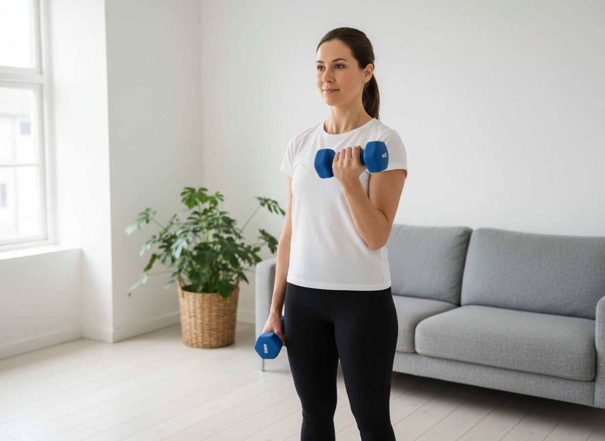 Kvinde laver bicepscurl med blå håndvægte