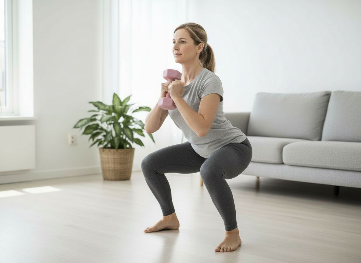 Kvinde laver goblet squat med en lyserød håndvægt i stuen