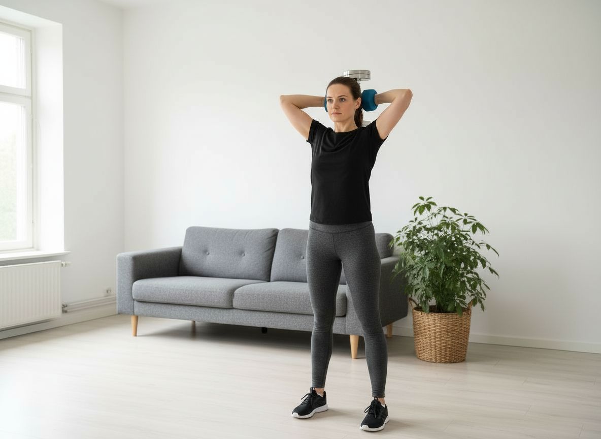 Kvinde laver triceps-øvelse med håndvægt bag hovedet